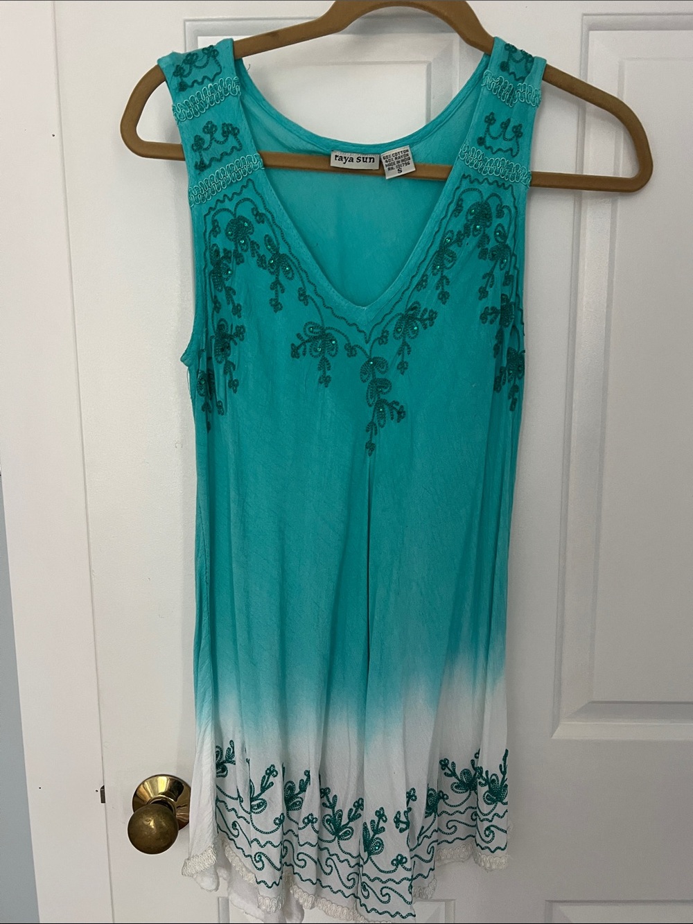 raya sun Teal Ombre Embroidered V-Neck Tank